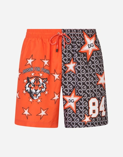 Shop Dolce & Gabbana Mid-length Swim Trunks With Star And Logo Print