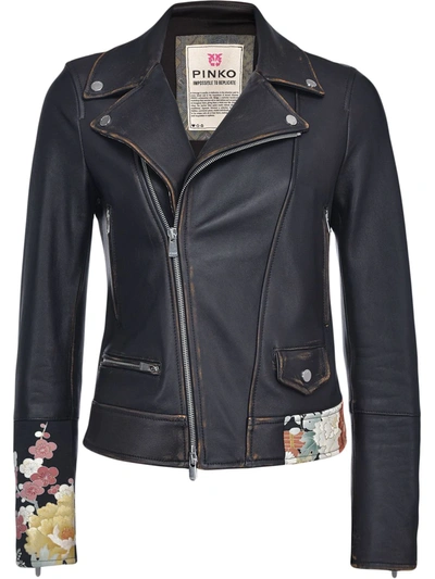 Shop Pinko Floral-print Biker Jacket In Black