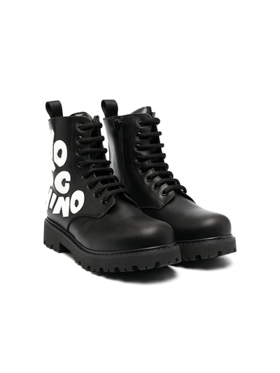 Shop Moschino Teen Logo Patch Combat Boots In Black