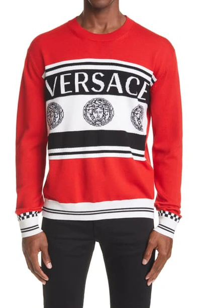 Shop Versace Stripe Medusa Logo Wool Sweater In Red
