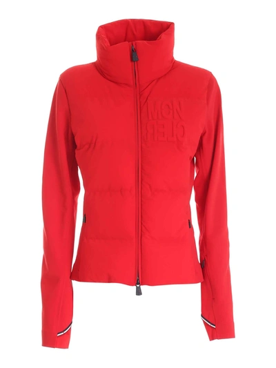 Shop Moncler Down Detail Cardigan In Red