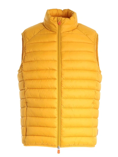 Shop Save The Duck Logo Patch Sleeveless Down Jacket In Ocher Color In Yellow