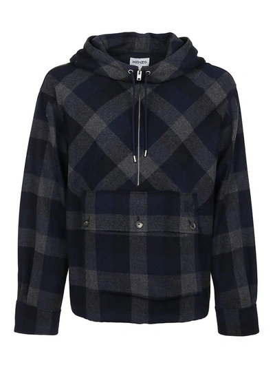 Shop Kenzo Check Print Wool Blend Anorak In Blue