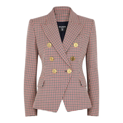 Shop Balmain Houndstooth Double-breasted Wool Blazer In Red