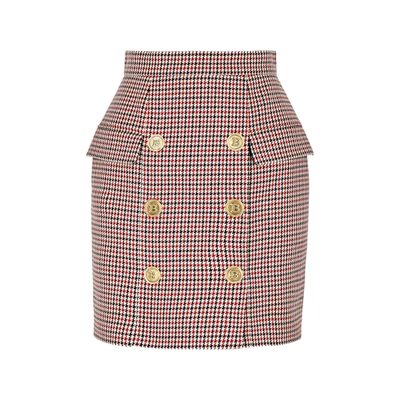 Shop Balmain Houndstooth Wool Mini Skirt In Red