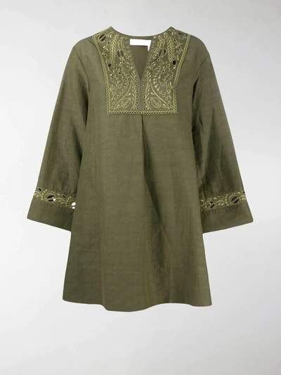Shop Chloé Embroidered Tunic Dress In Green