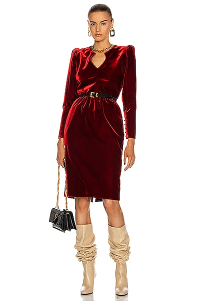 Shop Saint Laurent Velvet Long Sleeve Midi Dress In Rouge Fume