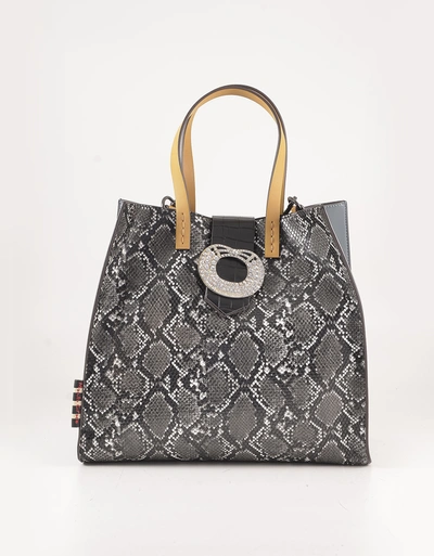 Shop Manila Grace Designer Handbags Python Print Eco-leather Bag W/yellow Handles In Gris