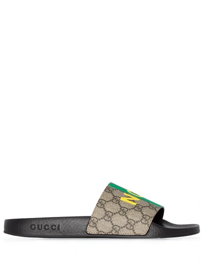 Shop Gucci Fake/not Print Slides In Brown