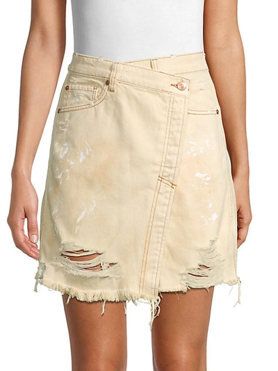 Shop Free People Women's Faux-wrap Distressed Denim Skirt In Butter Cream