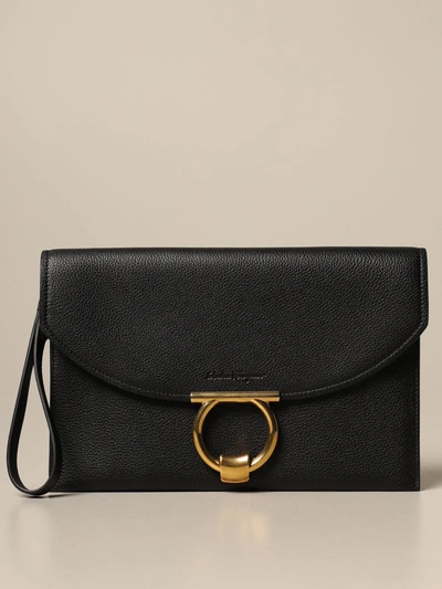 Shop Ferragamo Clutch Bag In Hammered Leather In Black
