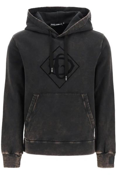 Shop Dolce & Gabbana Hooded Sweatshirt Dg Flock In Black,brown