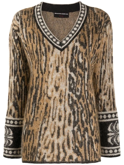 Shop Ermanno Scervino Leopard-jacquard V-neck Sweater In Brown