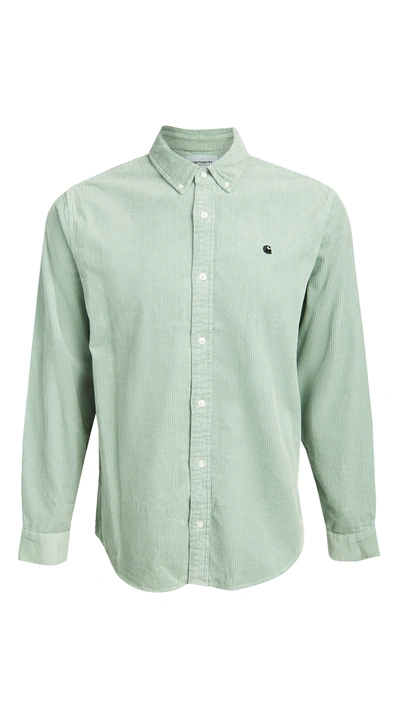 Carhartt Madison Button-down Collar Logo-embroidered Cotton-corduroy Shirt  In Frosted Green / Black | ModeSens