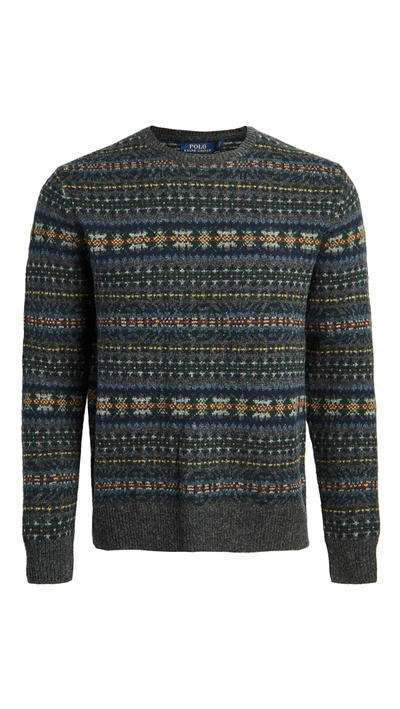 Shop Polo Ralph Lauren Wool Fair Isle Crew Neck Sweater In Collegiate Grey