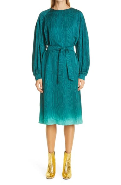 Shop Dries Van Noten Long Sleeve Moire Midi Dress In Turquoise