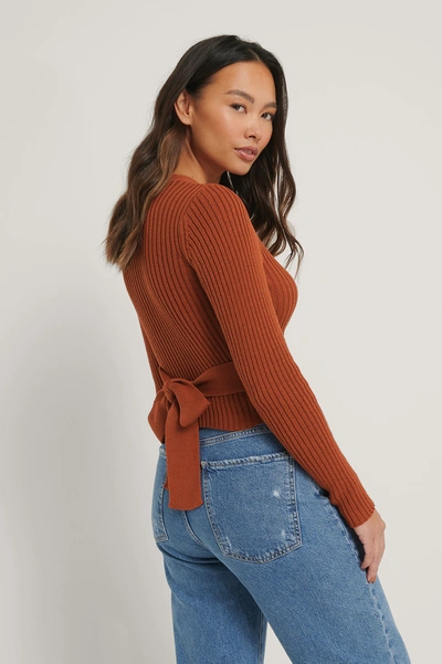 Shop Na-kd Reborn Organic Ribbed Knitted Overlap Sweater Orange In Rustic Red