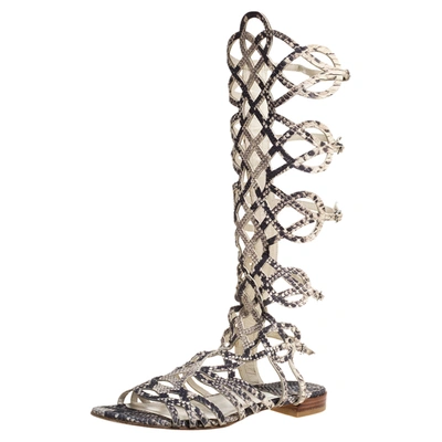 Pre-owned Stuart Weitzman Grey Snakeskin Effect Leather Aphrodite Gladiator Flat Sandals Size 38