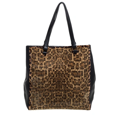 Pre-owned Christian Louboutin Black/brown Leopard Print Calfhair And Leather Spike Panettone Tote