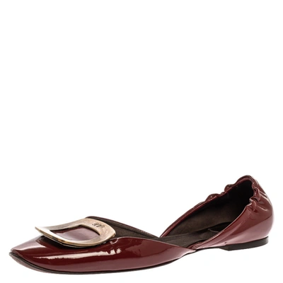 Pre-owned Roger Vivier Burgundy Patent Leather Chips D'orsay Scrunch Flats Size 41