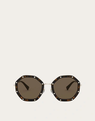 Shop Valentino Occhiali Octagonal Metal Frame With Crystal Studs In Havana/brown