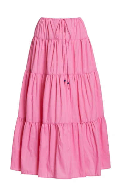 Shop Staud Lucca Tiered Midi Skirt In Pink