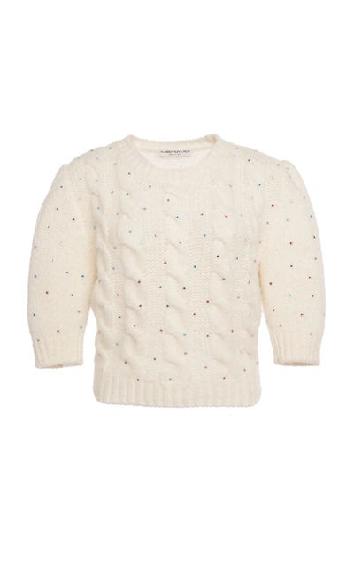 Shop Alessandra Rich Women's Embellished Alpaca-blend Cable-knit Cropped Sweater In White,blue