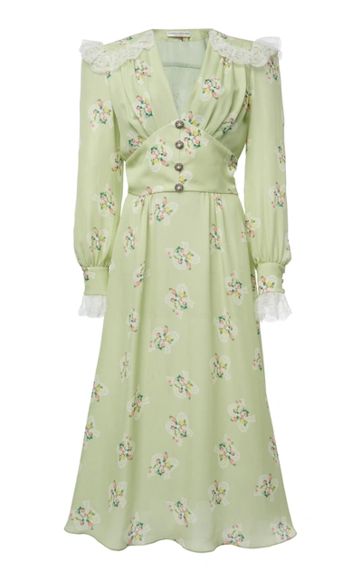 Shop Alessandra Rich Women's Lace-trimmed Floral-print Silk Midi Dress In Green