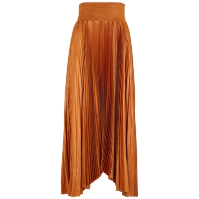 Shop A.l.c Demi Rust Pleated Satin Midi Skirt In Caramel