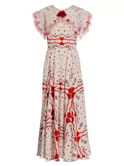 Shop Rodarte Heart Floral Print Ruffle Silk Dress In White Red