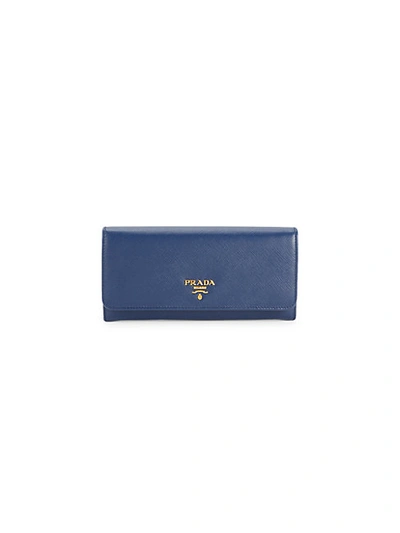 Shop Prada Leather Long Flap Wallet In Blue