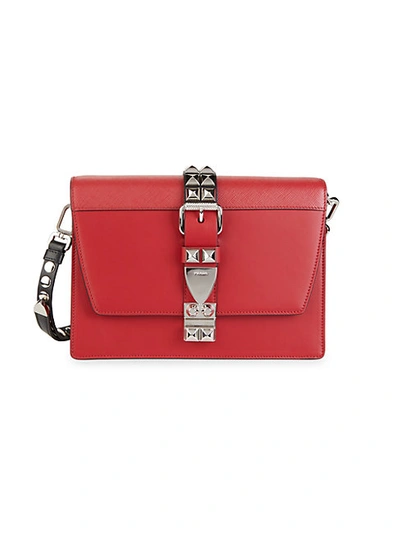 Shop Prada Silvertone-embellished Leather Crossbody Bag In Red