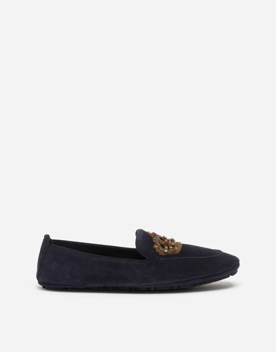 Shop Dolce & Gabbana Calfskin Slippers With Crown Embroidery In Blue