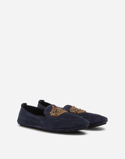 Shop Dolce & Gabbana Calfskin Slippers With Crown Embroidery In Blue