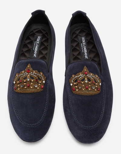Shop Dolce & Gabbana Calfskin Slippers With Crown Embroidery In Blue