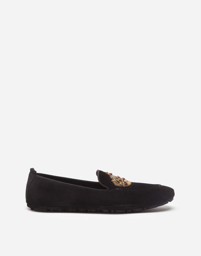 Shop Dolce & Gabbana Calfskin Slippers With Crown Embroidery In Black