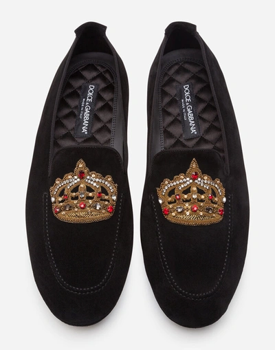 Shop Dolce & Gabbana Calfskin Slippers With Crown Embroidery In Black