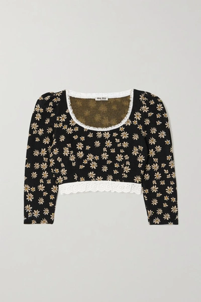 Shop Miu Miu Cropped Lace-trimmed Floral Jacquard-knit Top In Black
