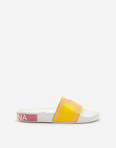 Shop Dolce & Gabbana Printed Calfskin And Rubber Sliders In Yellow