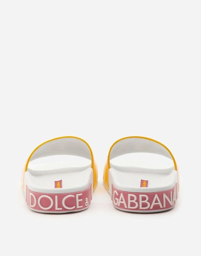Shop Dolce & Gabbana Printed Calfskin And Rubber Sliders In Yellow