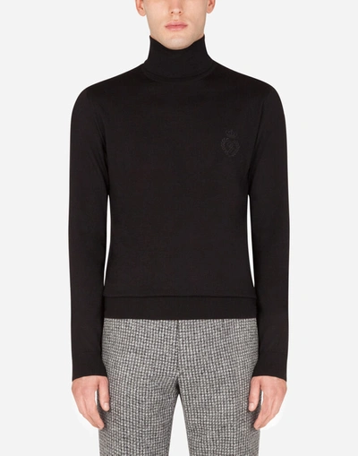 Shop Dolce & Gabbana Wool Turtle-neck Sweater With Dg Embroidery In Black