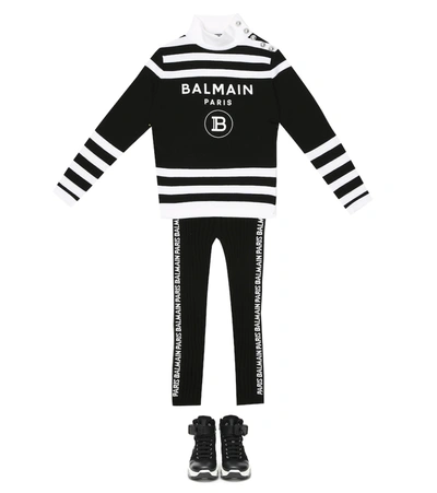 Shop Balmain Logo Ribbed-knit Leggings In Black