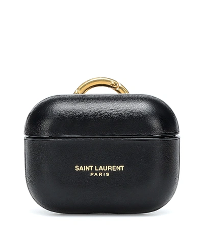 Shop Saint Laurent Leather Airpods Pro Case In Noir