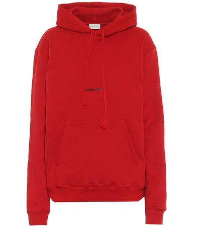 Shop Saint Laurent Logo Cotton Jersey Hoodie In Red
