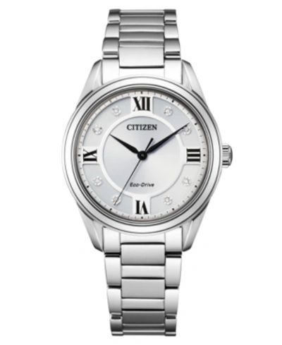 Shop Citizen Eco-drive Women's Arezzo Diamond-accent Stainless Steel Bracelet Watch 32mm In Silver-tone