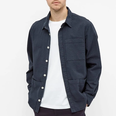 Shop Albam Seersucker Apron Pocket Gardening Shirt In Blue