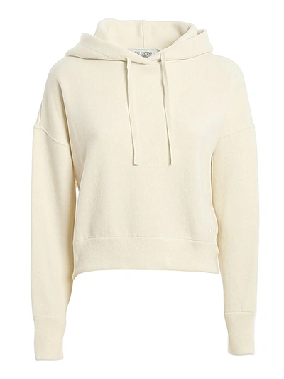 Shop Valentino Wool Blend Hooded Crop Sweatshirt In Cream Color