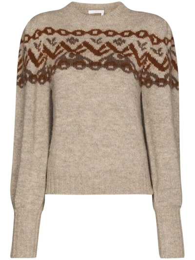 Shop Chloé Alpine-knit Puff-sleeve Jumper In Brown