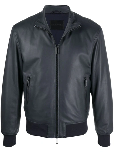 Shop Emporio Armani Leather Bomber Jacket In Blue