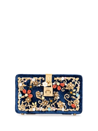 Pre-owned Dolce & Gabbana Metal-flower Embellished Velvet Clutch In Blue